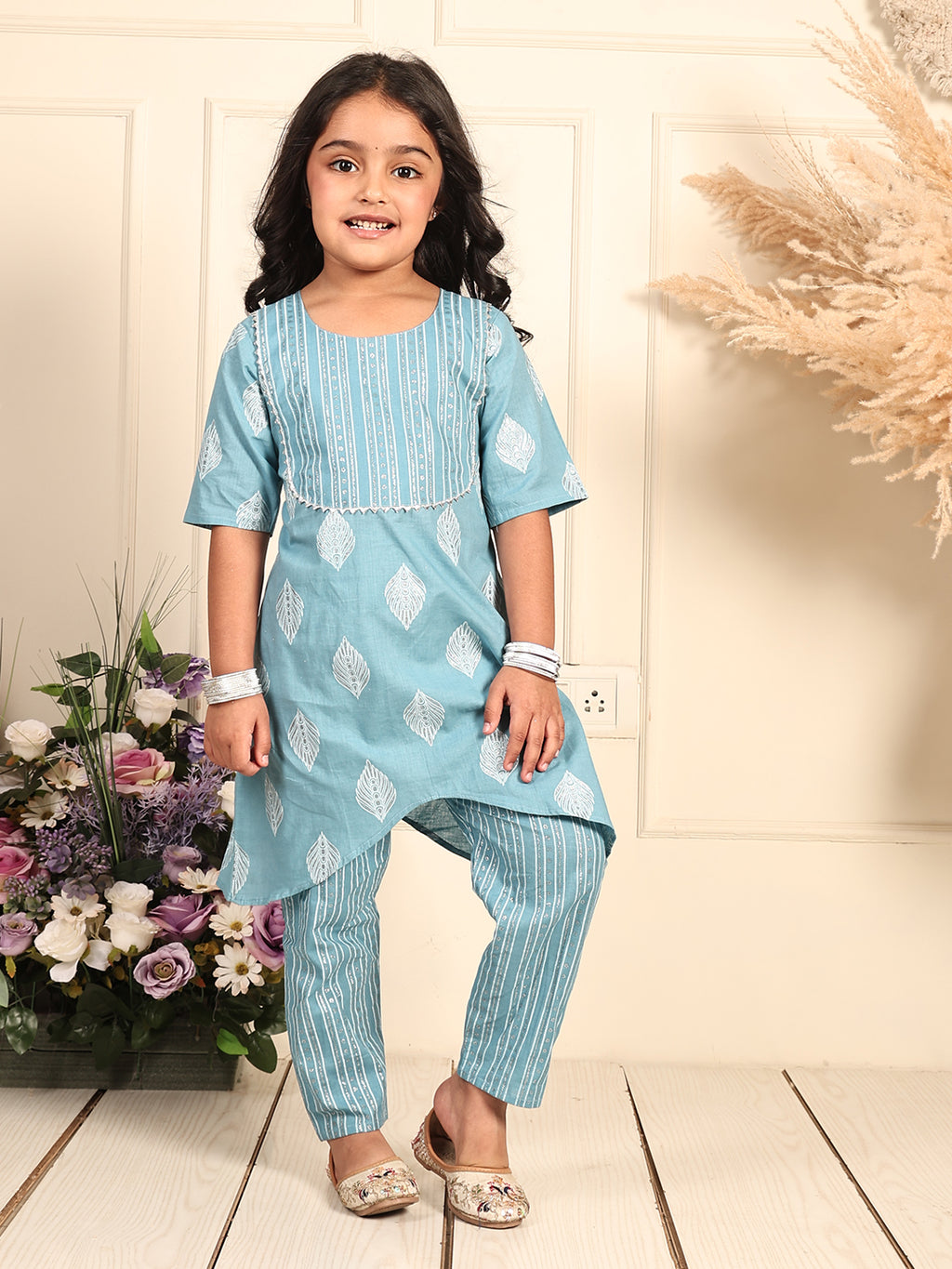 Blue silver foil printed floral printed kurti Wih stripped pant