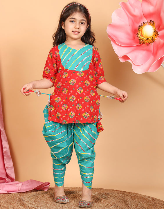 Red Printed Cotton 3/4 sleeves Kurti with Blue lehriya dhoti