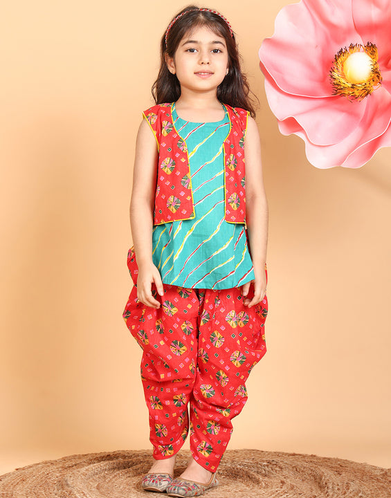 Blue Lehriya Kurti with red printed dhoti and Jacket