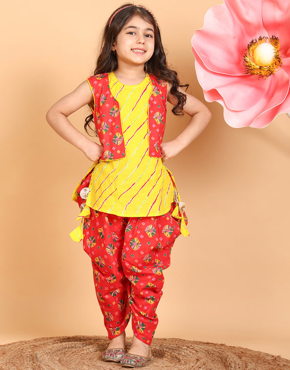 Yellow Lehriya Kurti with red printed dhoti and Jacket
