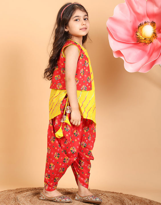 Yellow Lehriya Kurti with red printed dhoti and Jacket