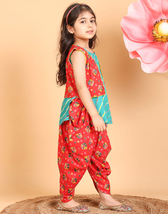 Blue Lehriya Kurti with red printed dhoti and Jacket
