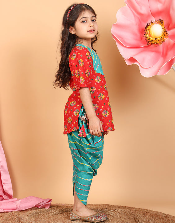 Red Printed Cotton 3/4 sleeves Kurti with Blue lehriya dhoti