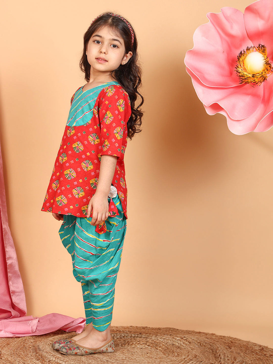 Red Printed Cotton 3/4 sleeves Kurti with Blue lehriya dhoti