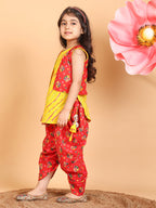 Yellow Lehriya Kurti with red printed dhoti and Jacket