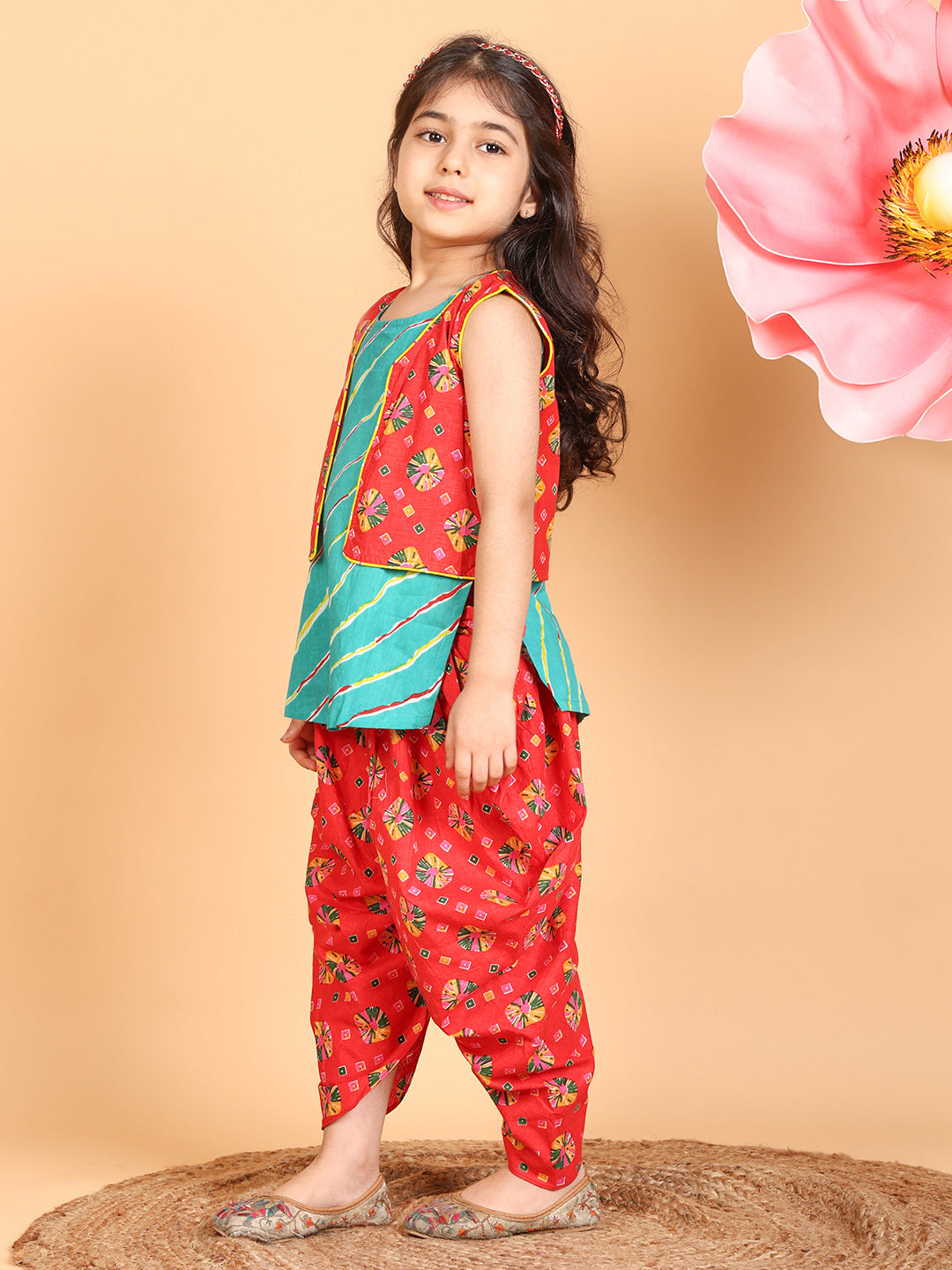 Blue Lehriya Kurti with red printed dhoti and Jacket