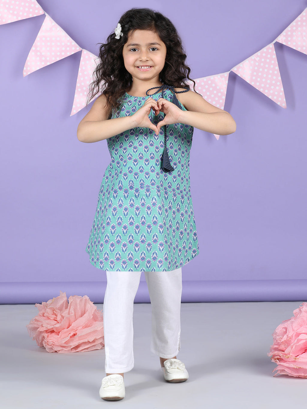 Blue Floral halter style Kurti with white pant