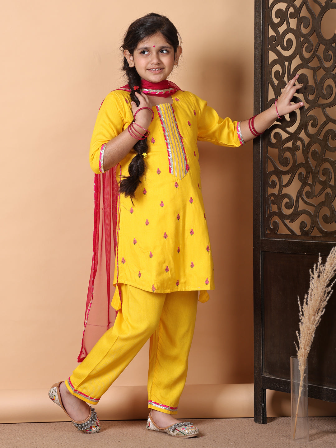 Kinder Kids Yellow Embroidered Top With Yellow Pant and Pink Dupatta