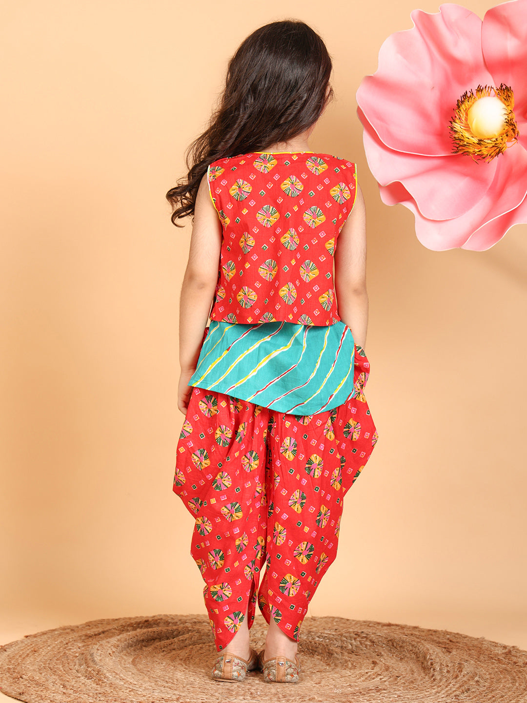 Blue Lehriya Kurti with red printed dhoti and Jacket