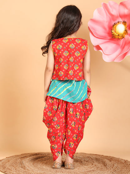 Blue Lehriya Kurti with red printed dhoti and Jacket