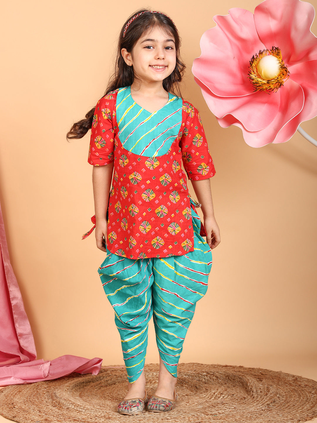 Red Printed Cotton 3/4 sleeves Kurti with Blue lehriya dhoti