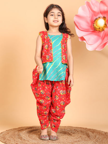 Blue Lehriya Kurti with red printed dhoti and Jacket