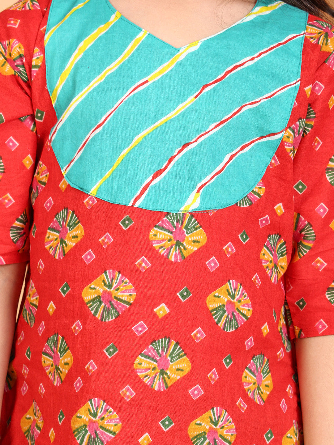 Red Printed Cotton 3/4 sleeves Kurti with Blue lehriya dhoti