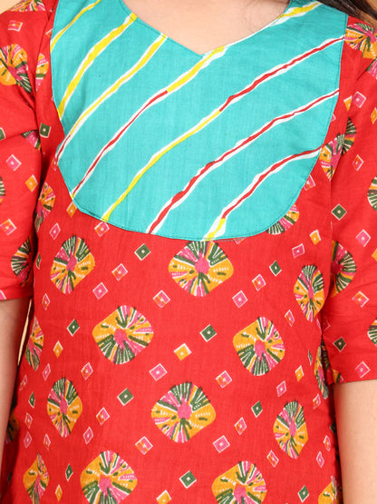 Red Printed Cotton 3/4 sleeves Kurti with Blue lehriya dhoti