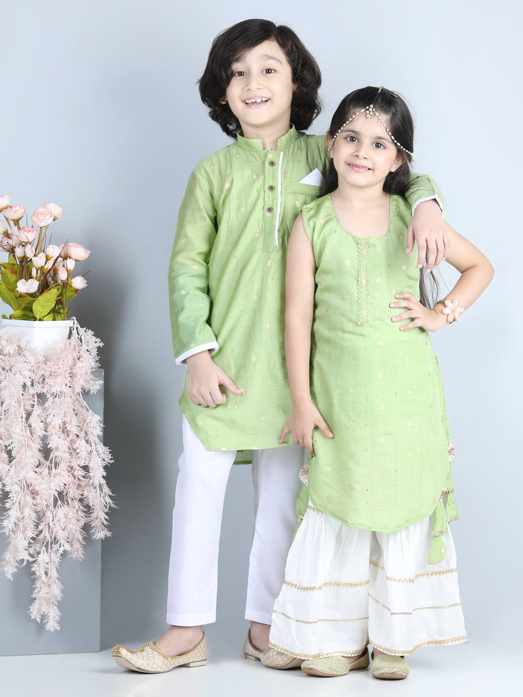 Green Foil Printed Tassel Ornamentation Detail High Low Style Kurti With Sharara