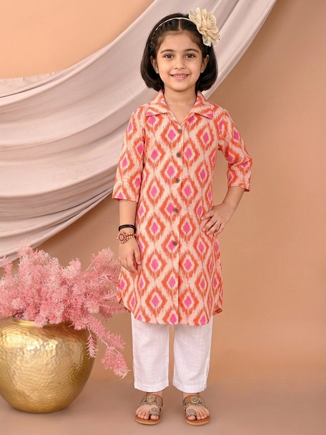 Red printed 3/4 Sleeves kurti with white pant