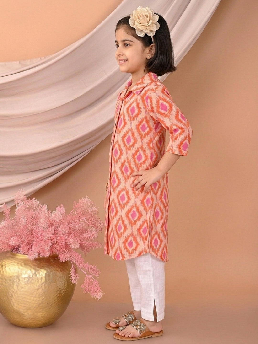 Red printed 3/4 Sleeves kurti with white pant