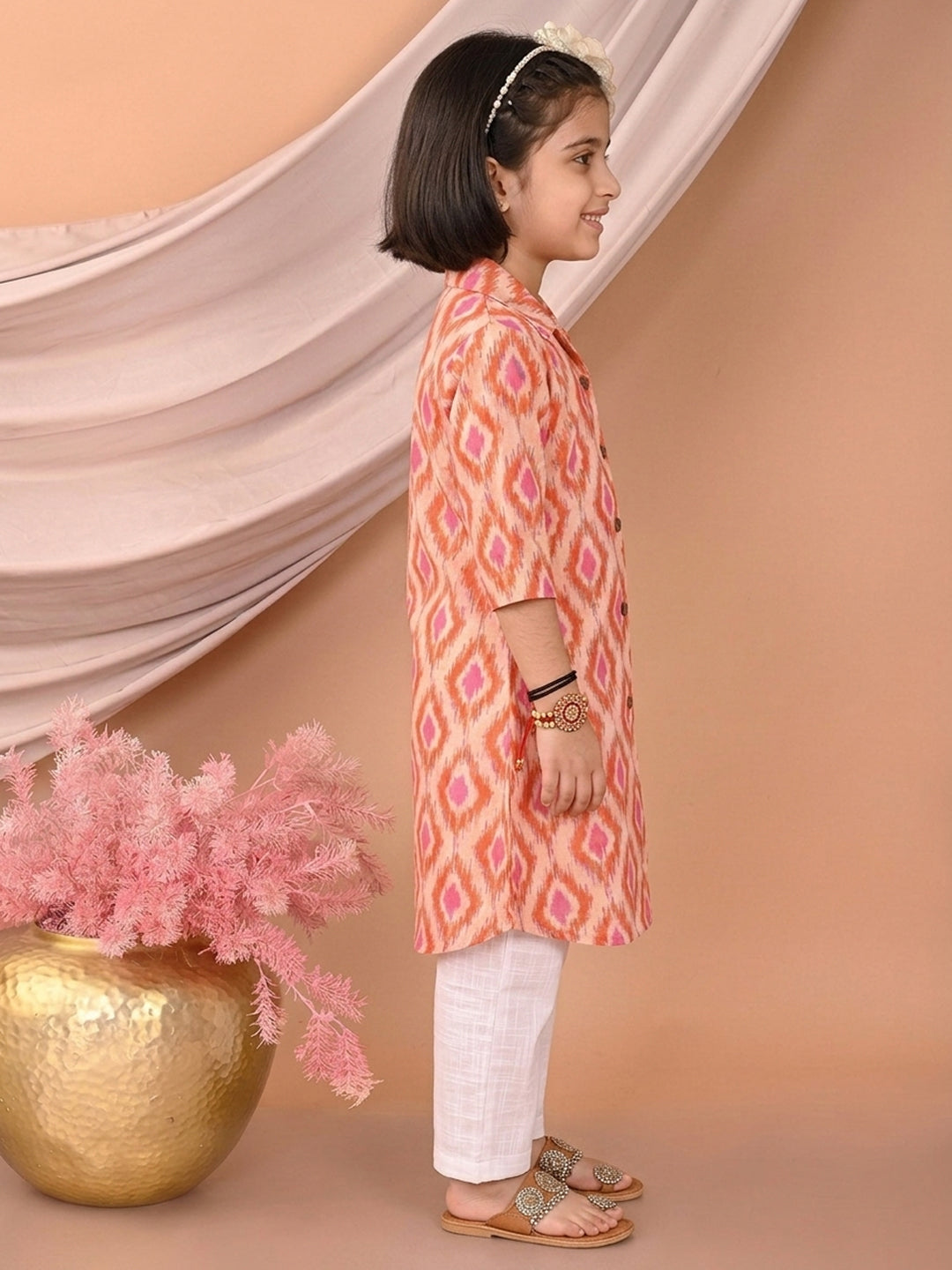 Red printed 3/4 Sleeves kurti with white pant