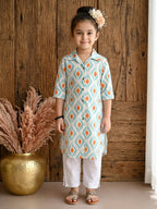 Blue printed 3/4 Sleeves kurti with white pant