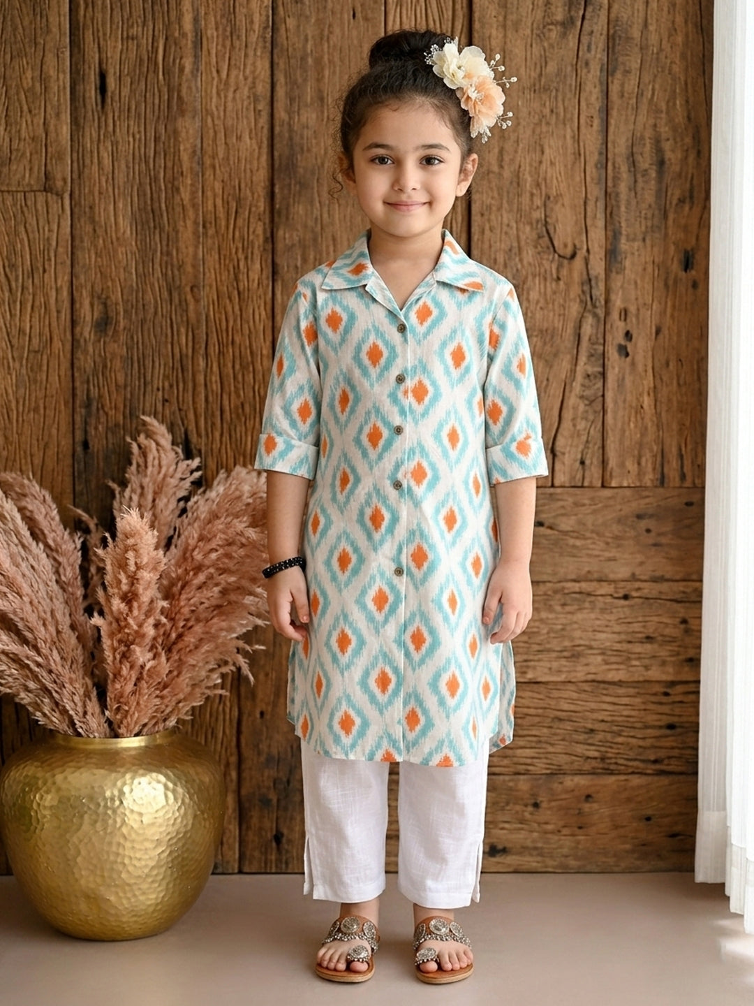 Blue printed 3/4 Sleeves kurti with white pant