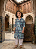 Blue printed 3/4 Sleeves kurti with white pant