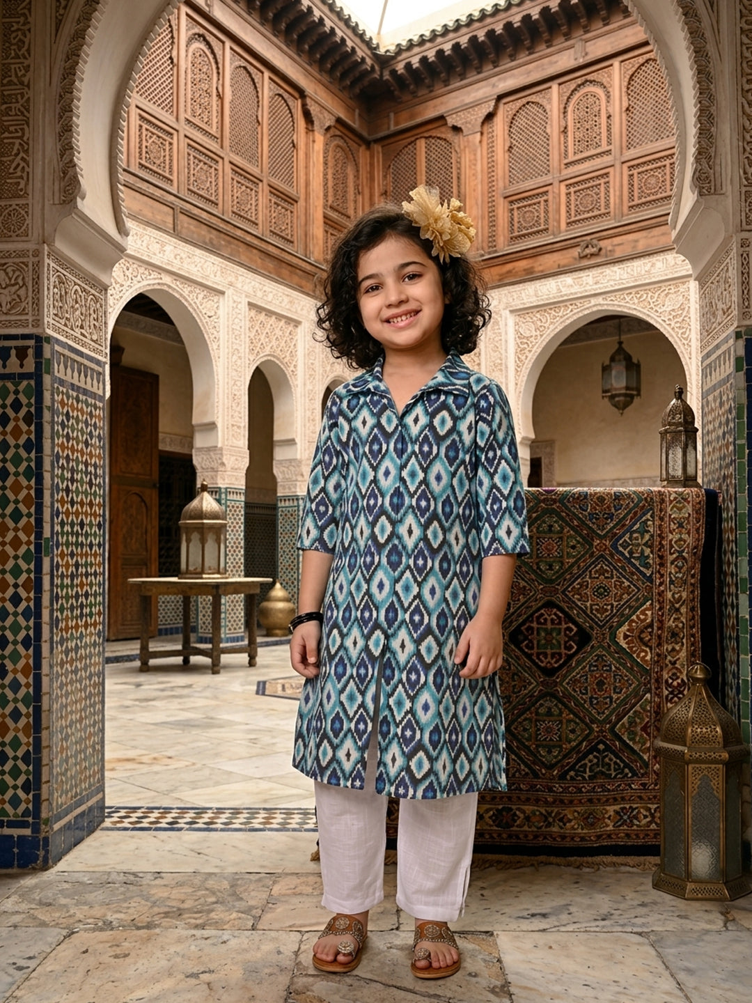 Blue printed 3/4 Sleeves kurti with white pant