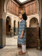 Blue printed 3/4 Sleeves kurti with white pant