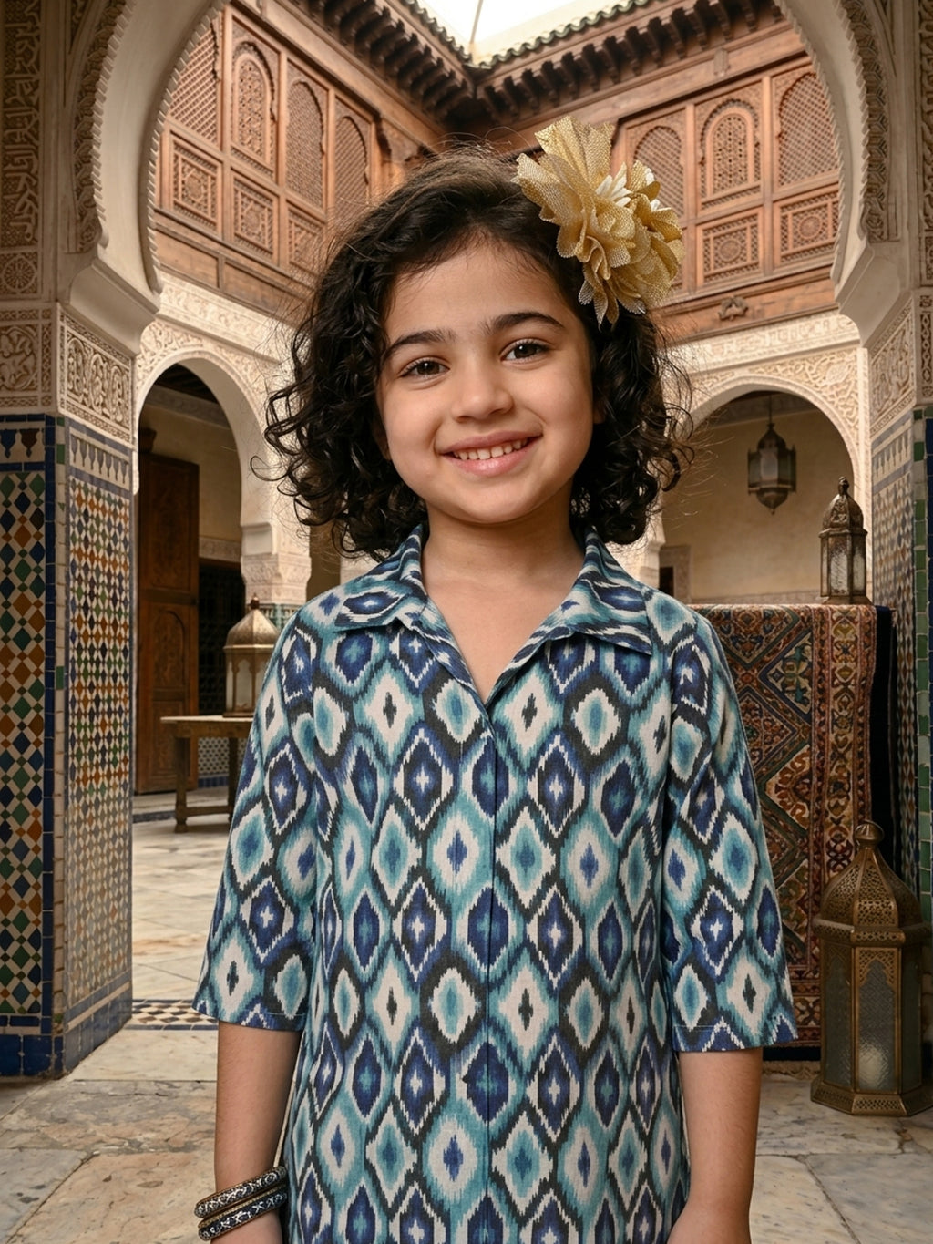 Blue printed 3/4 Sleeves kurti with white pant