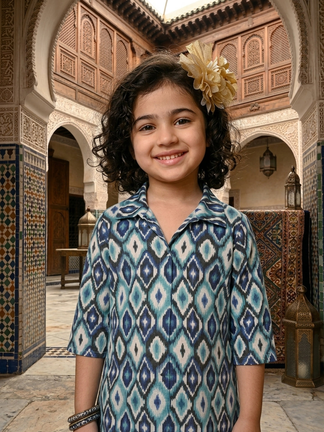 Blue printed 3/4 Sleeves kurti with white pant