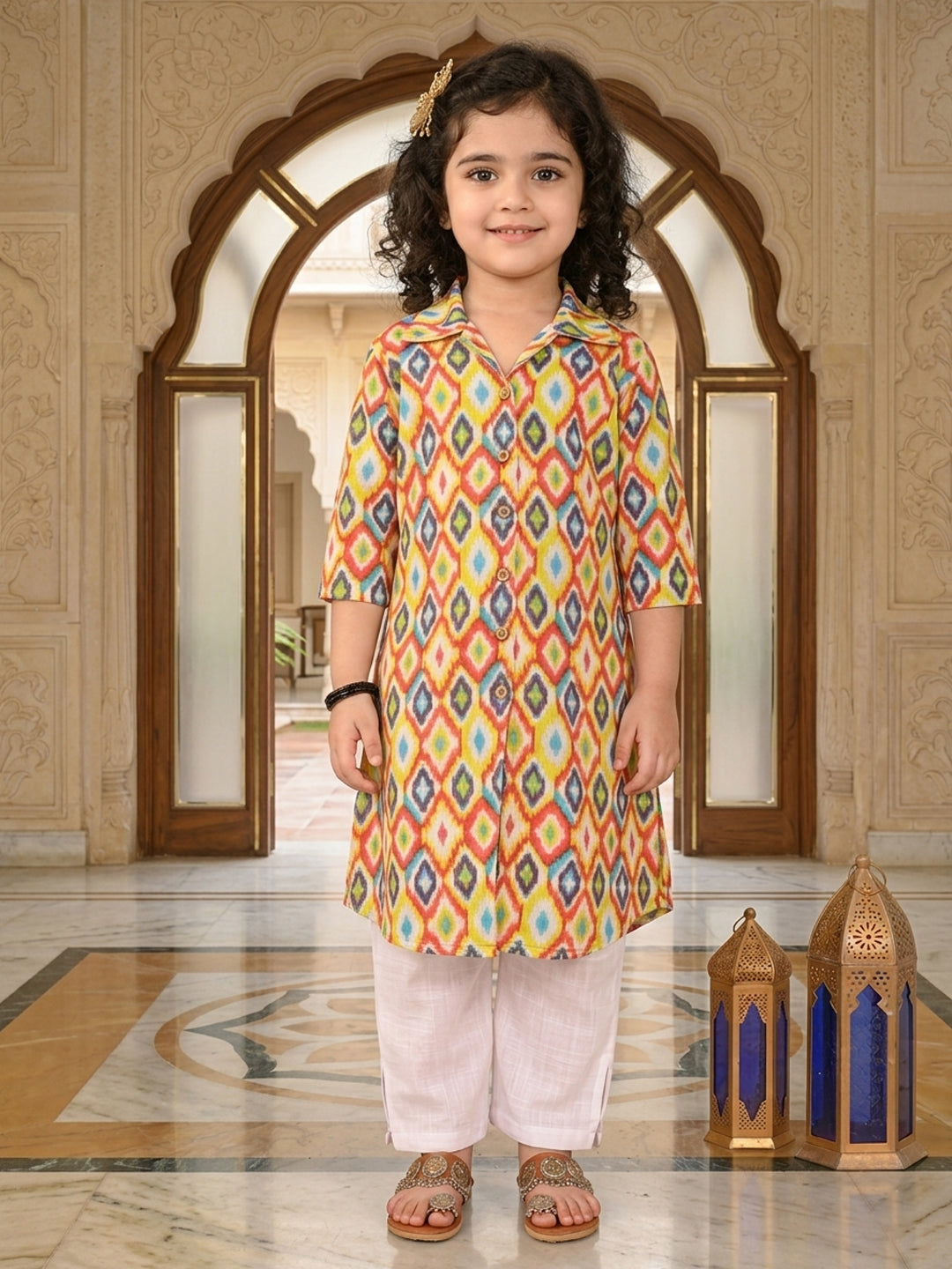 Yellow printed 3/4 Sleeves kurti with white pant