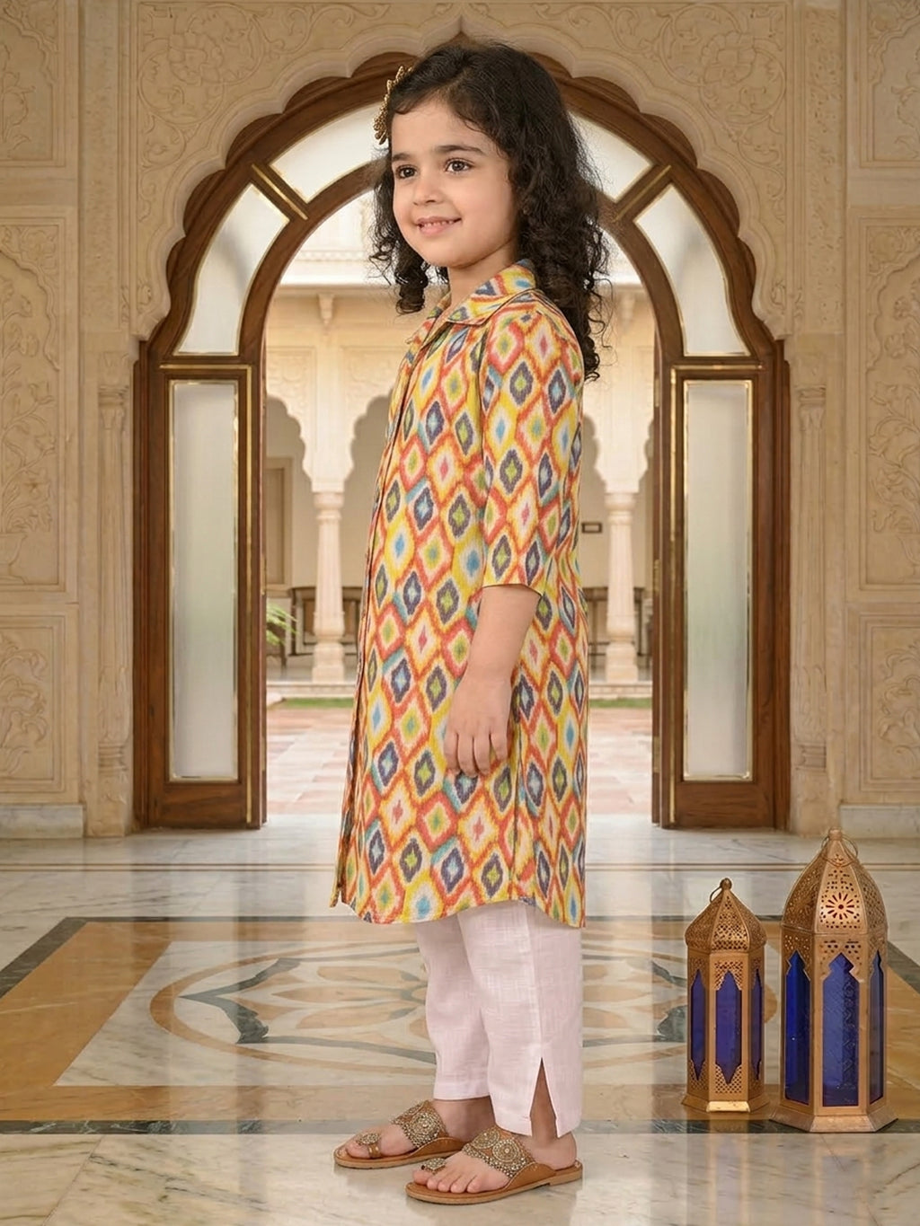 Yellow printed 3/4 Sleeves kurti with white pant