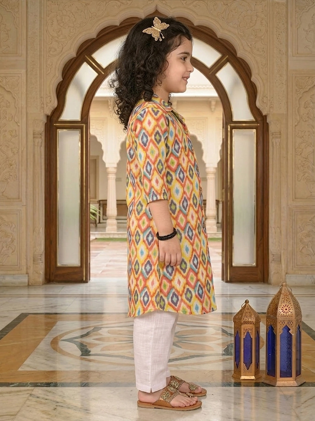 Yellow printed 3/4 Sleeves kurti with white pant