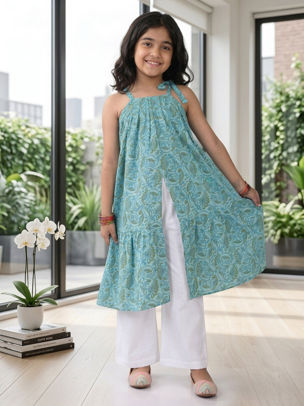 Blue Floral Printed Halter style kurti with white pant