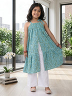 Blue Floral Printed Halter style kurti with white pant