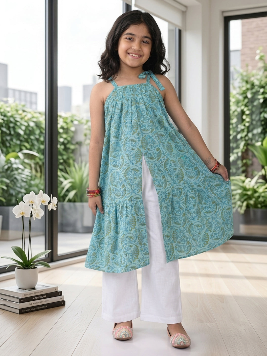 Blue Floral Printed Halter style kurti with white pant
