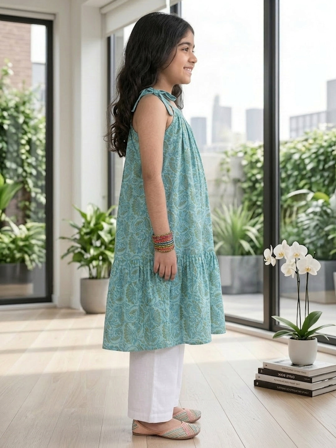 Blue Floral Printed Halter style kurti with white pant