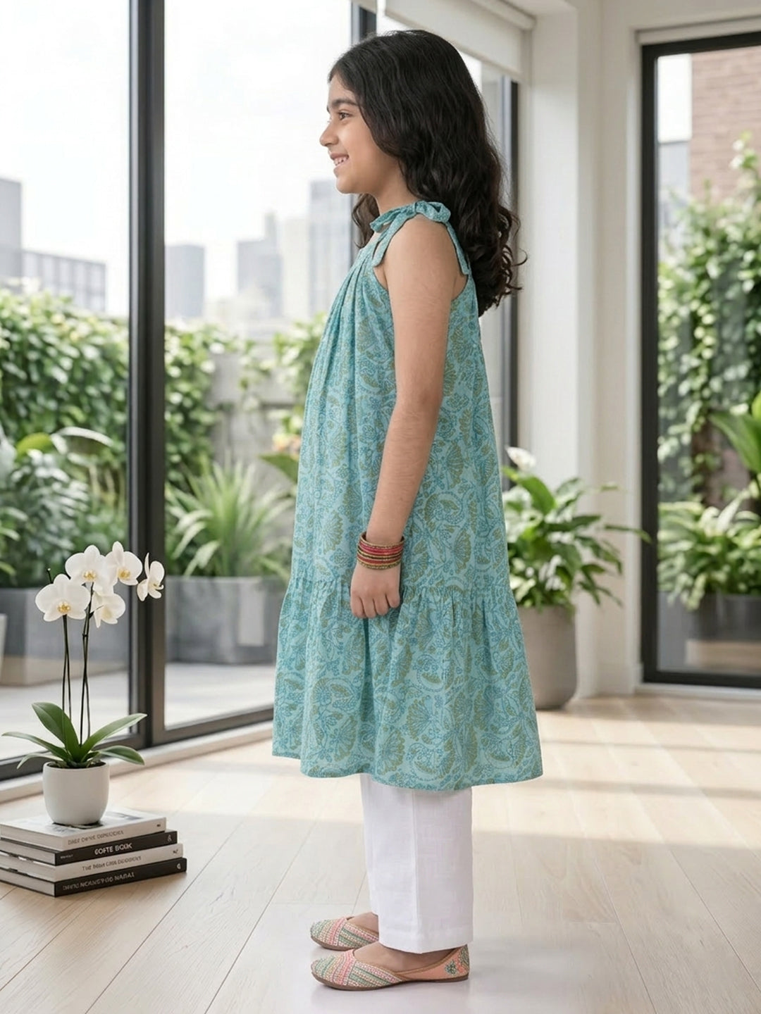 Blue Floral Printed Halter style kurti with white pant