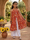 Red Floral Printed Halter style kurti with white pant