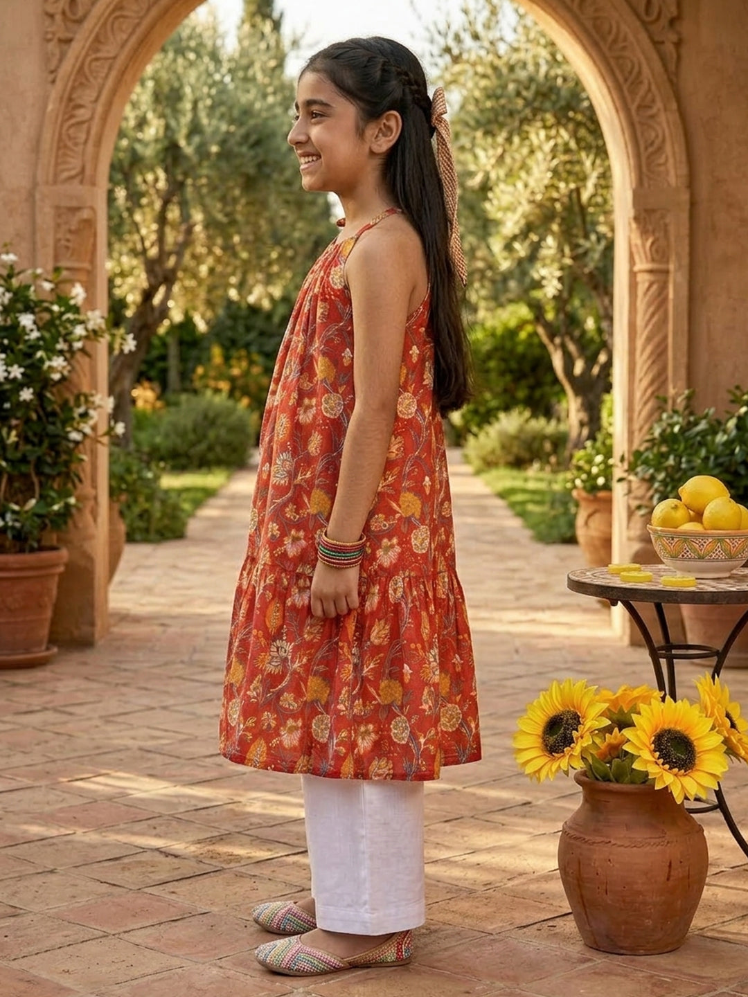 Red Floral Printed Halter style kurti with white pant
