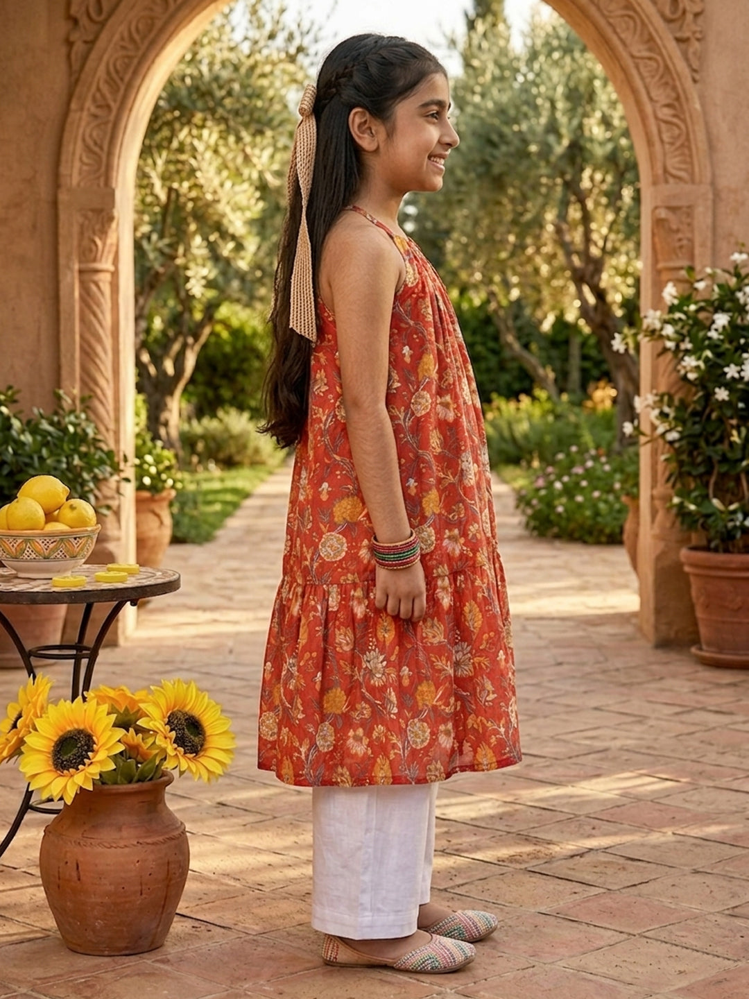 Red Floral Printed Halter style kurti with white pant