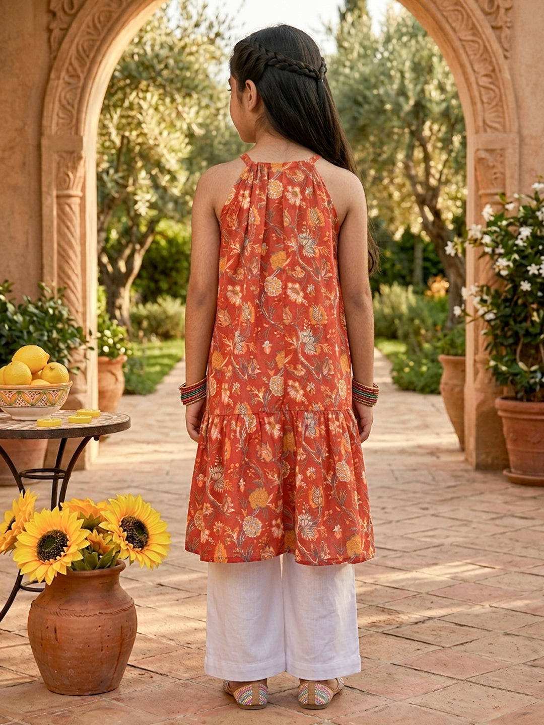 Red Floral Printed Halter style kurti with white pant
