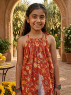 Red Floral Printed Halter style kurti with white pant