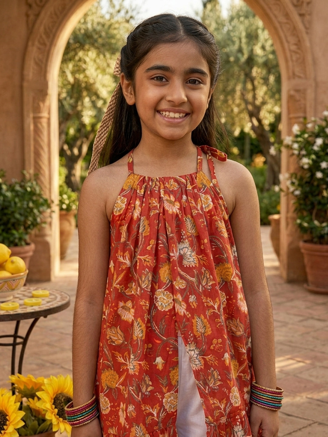 Red Floral Printed Halter style kurti with white pant