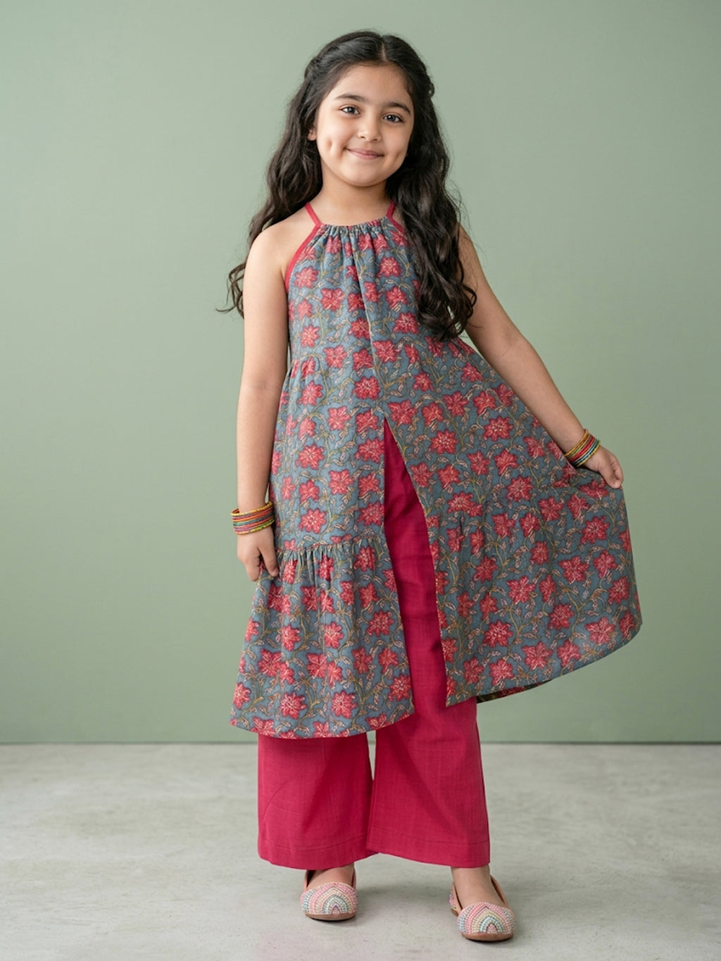 Blue Floral Printed Halter style kurti with Pink pant