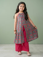 Blue Floral Printed Halter style kurti with Pink pant