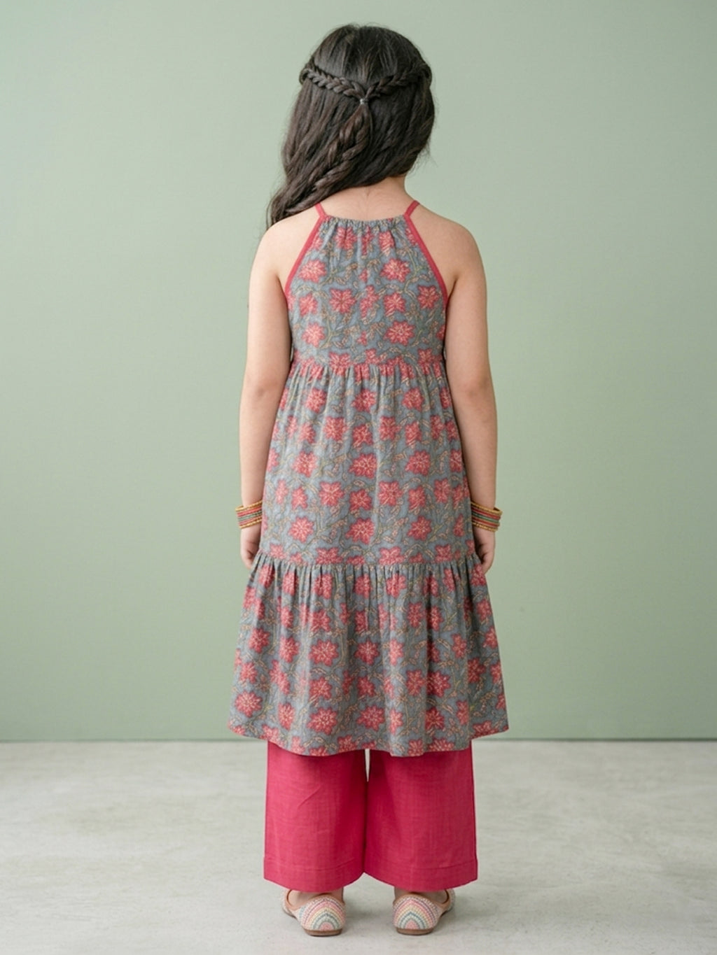 Blue Floral Printed Halter style kurti with Pink pant