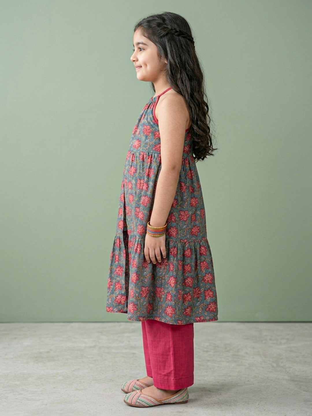 Blue Floral Printed Halter style kurti with Pink pant