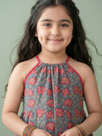 Blue Floral Printed Halter style kurti with Pink pant