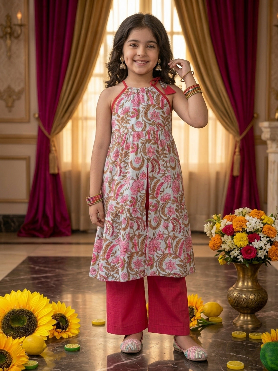 Pink Floral Printed Halter style kurti with Pink pant