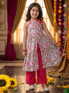 Pink Floral Printed Halter style kurti with Pink pant